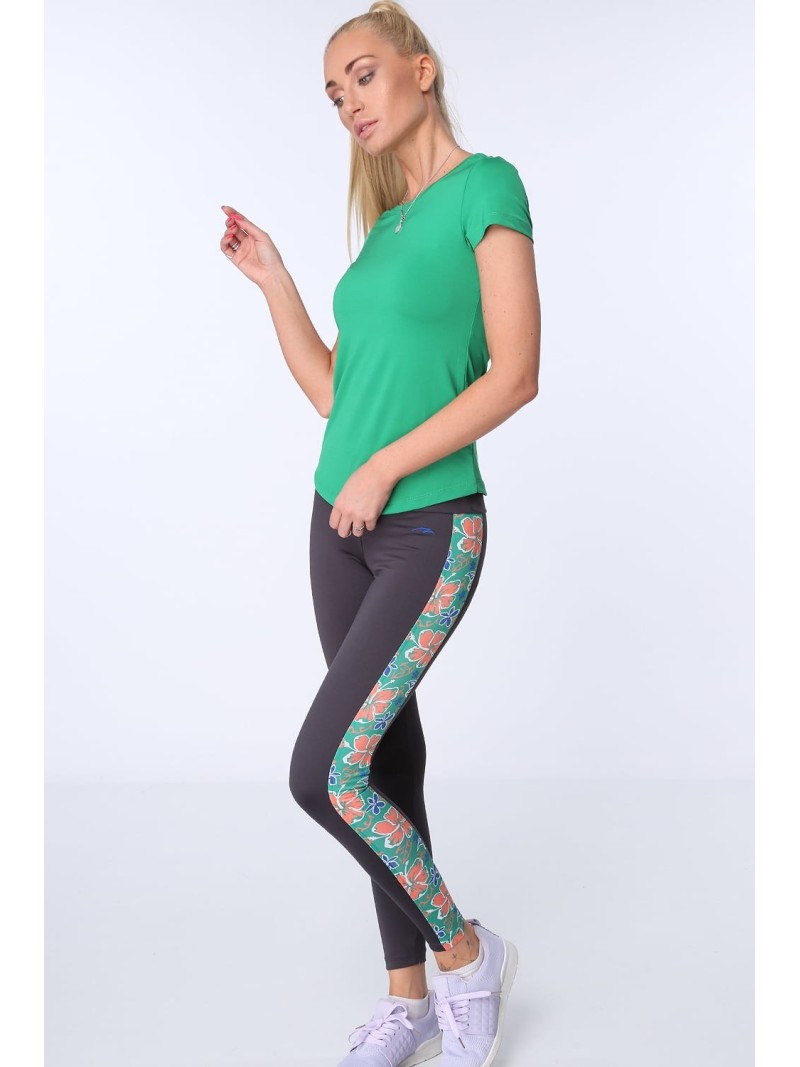 Sports leggings with a stripe with graphite flowers MR15471 - Online store - Boutique